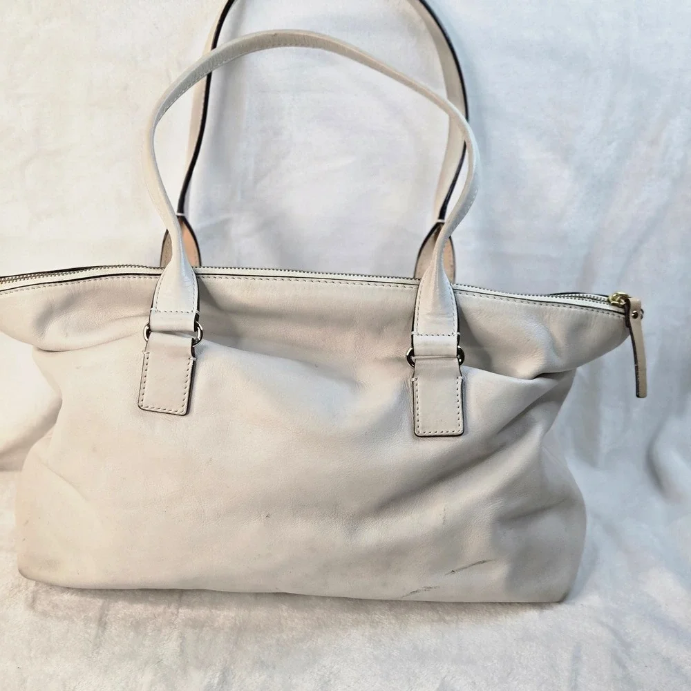 vintage Kate Spade NY White Leather Tote Bag Turn Lock Pocket Striped Lining